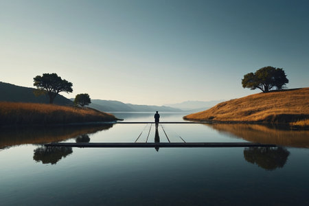 Lonely man standing on a pontoon in the middle of a lakeの素材