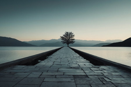 Lonely tree on the pier at Lake Ohrid, Macedoniaの素材