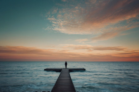 Man standing on the pier at sunset. Beautiful seascape.の素材