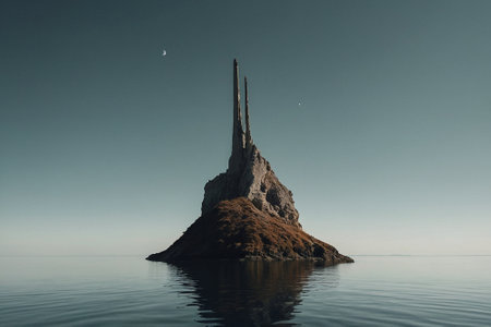 Fantasy alien planet. Mountain in the sea. 3D illustrationの素材
