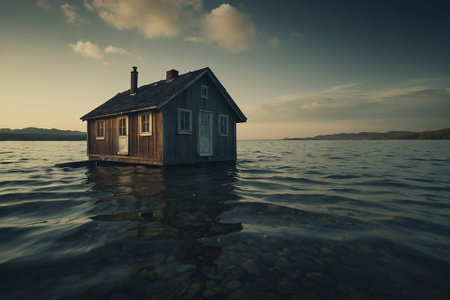 Old wooden house on the water in a lake. Toned.の素材