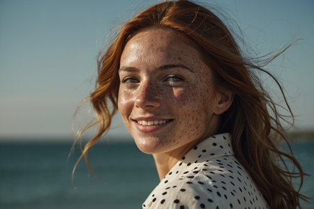 Close up portrait of a beautiful young redhead woman with freckles and freckles, wearing a polka dot blouse, standing on the beach, looking at the camera.の素材