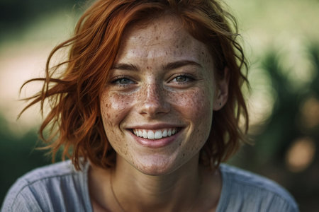 Close up portrait of a freckled redhead woman with freckles smilingの素材