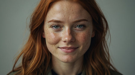 Portrait of a redhead girl with freckles on her faceの素材