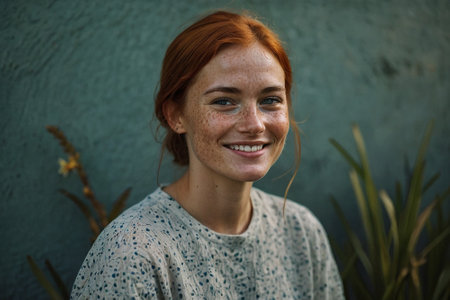 Portrait of a beautiful young redhead woman with freckles on her face.の素材