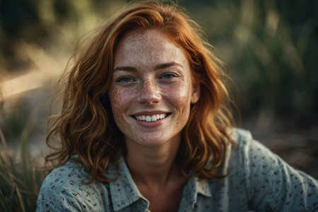 Portrait of a beautiful redhead girl with freckles and frecklesの素材