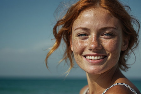 Portrait of freckled red-haired girl on the beachの素材
