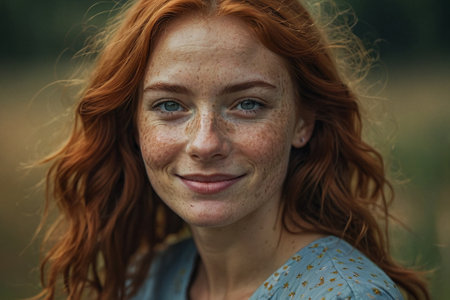 Portrait of a beautiful redhead girl with freckles on her face.の素材