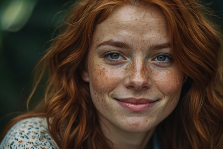 Portrait of a red-haired girl with freckles on her faceの素材