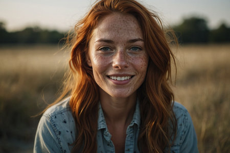 Portrait of a beautiful redhead girl with freckles and freckles at sunset in the field.の素材
