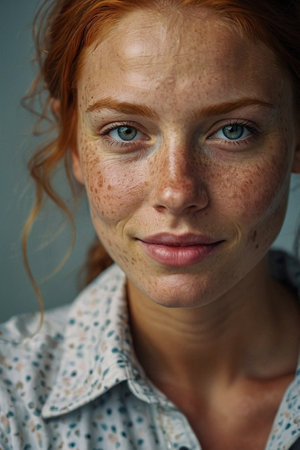 Close up portrait of freckled redhead woman with frecklesの素材