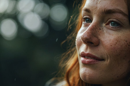 Portrait of a red-haired girl with freckles on her faceの素材