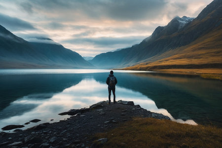 Lonely man standing on the edge of a mountain lake.の素材