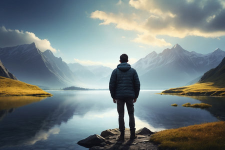 Man looking at mountain lake at sunset. 3D Rendering.の素材