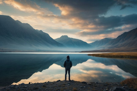 Hiker looking at mountain lake at sunset, Lake Tekapo, New Zealandの素材