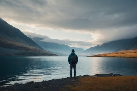 Man with backpack standing at the edge of a mountain lake, Icelandの素材