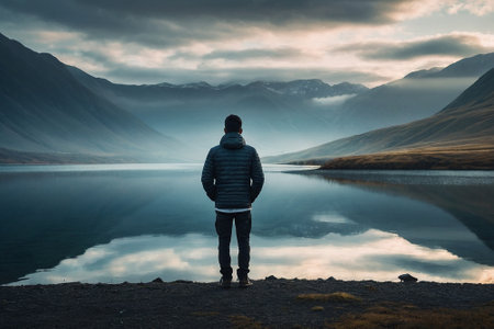 Man standing on the edge of a mountain lake and looking at the sunsetの素材