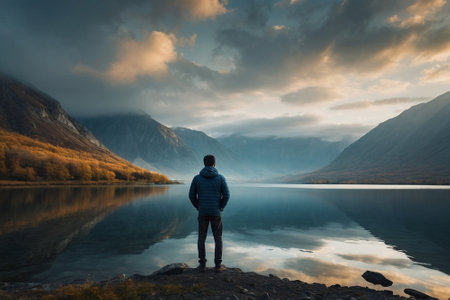Man standing on the edge of a mountain lake looking at the sunsetの素材