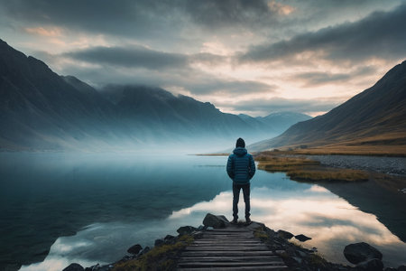 Hike in New Zealand alps. Man standing on the edge of a wooden bridge and looking at the lake.の素材