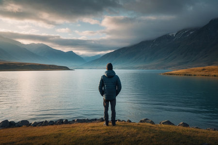 Man standing on the edge of a lake and looking at the mountainsの素材