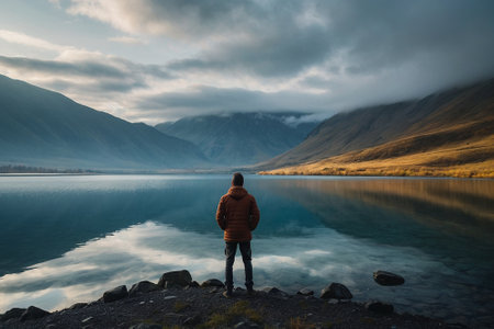A man standing in front of a lake and looking at the mountainsの素材