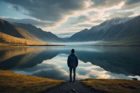 Man standing on the edge of a mountain lake and looking at the mountainsの素材