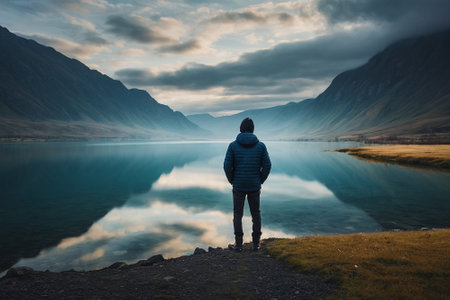 Man standing on the shore of the lake and looking at the mountainsの素材