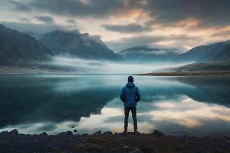 Man standing on the edge of a lake in Glencoe, Scotlandの素材