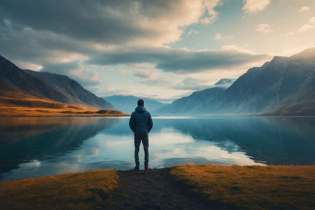 Man standing on the edge of a mountain lake and looking at the beautiful landscapeの素材