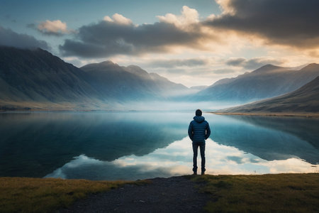 Man standing at the edge of a mountain lake looking at the mountainsの素材