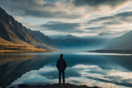 Man looking at the lake in the mountains. Glenorchy, New Zealandの素材