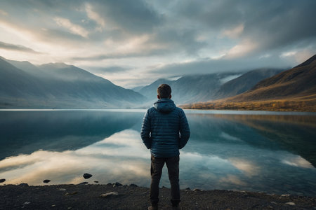 Man standing on the shore of a mountain lake and looking at the sunsetの素材