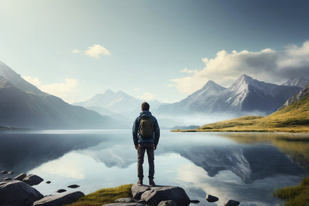 Hiker on the edge of a cliff looking at a mountain lakeの素材