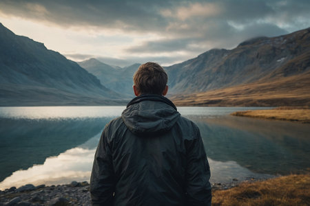 Hiking man looking at mountain lake in Glencoe, Scotland.の素材