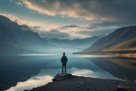 Lonely man standing on the edge of a mountain lake.の素材