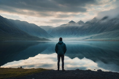 A young man stands on the edge of a mountain lake and looks into the distanceの素材