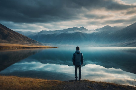 Lonely man standing on the edge of a mountain lake and looking at the mountainsの素材