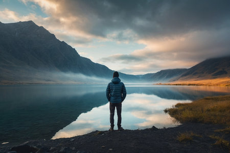 Man standing on the edge of a mountain lake and looking at the sunsetの素材