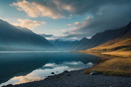 Reflection of mountains and clouds in Glenorchy, New Zealandの素材