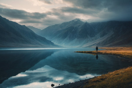 Lonely man standing on the shore of a mountain lake.の素材