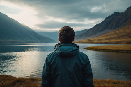 A young man in a blue jacket stands on the bank of a mountain lake and looks at the mountains.の素材