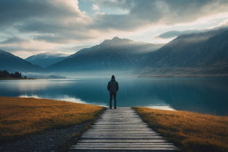 Lonely man standing on a wooden path leading to the mountain lakeの素材