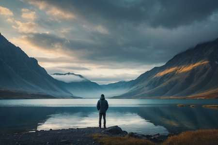 Man standing on the shore of a mountain lake at sunset in Icelandの素材