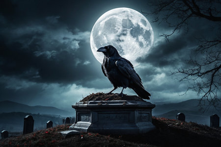 Crow sitting on grave at cemetery with full moon in the backgroundの素材