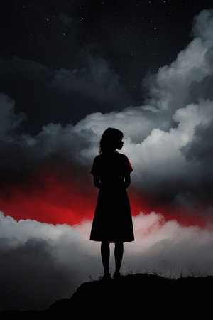 Silhouette of young woman standing in the night sky with starsの素材