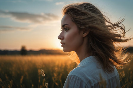 Portrait of a young beautiful girl in a wheat field at sunsetの素材