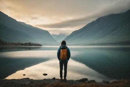 Hiker standing on the edge of a mountain lake and looking into the distanceの素材