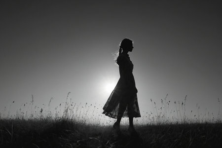 Silhouette of a girl in a long dress in the field.の素材
