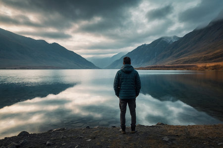 Man standing on the edge of a mountain lake and looking at the view.の素材