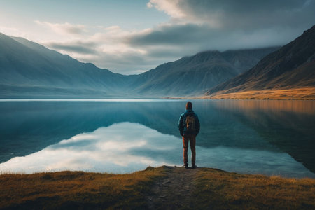 Hiker looking at lake in Glencoe, Scotland, UK.の素材